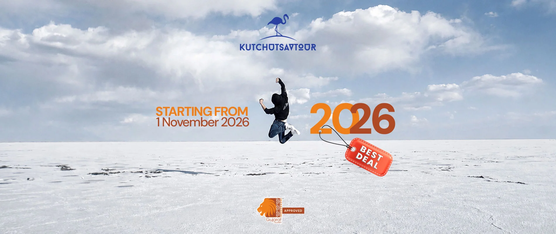 Rann Utsav 2026 banner featuring the White Rann of Kutch with starting tour packages from 1 November 2026 by Kutch Utsav Tour