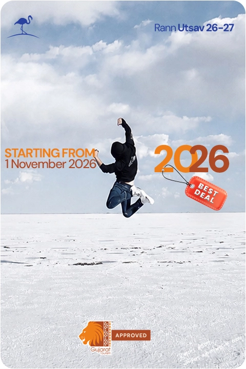 Rann Utsav 2026 banner featuring the White Rann of Kutch with starting tour packages from 1 November 2026 by Kutch Utsav Tour